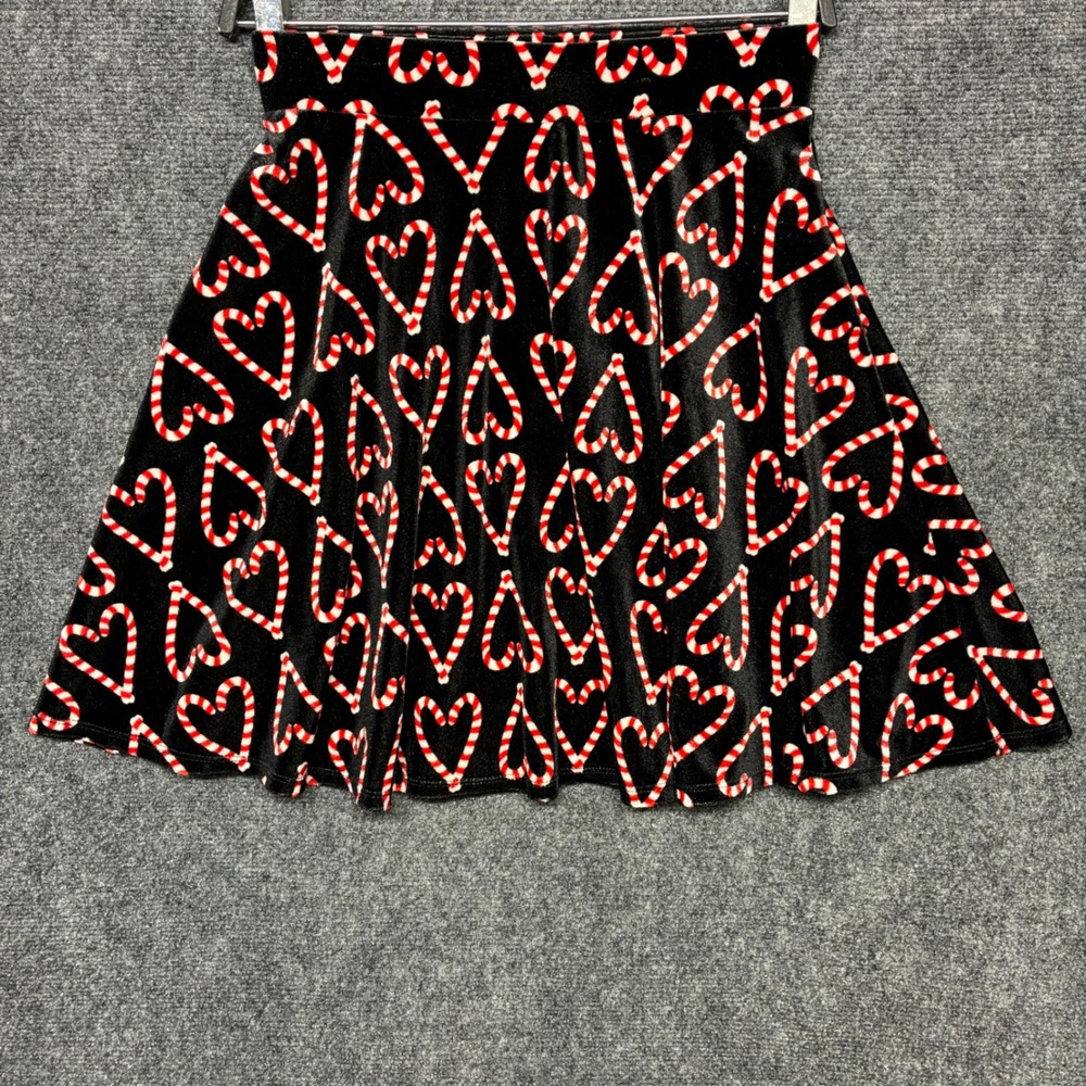 Xhilaration Skater Skirt S Black Velvet Candy Cane Heart Print Holiday Festive